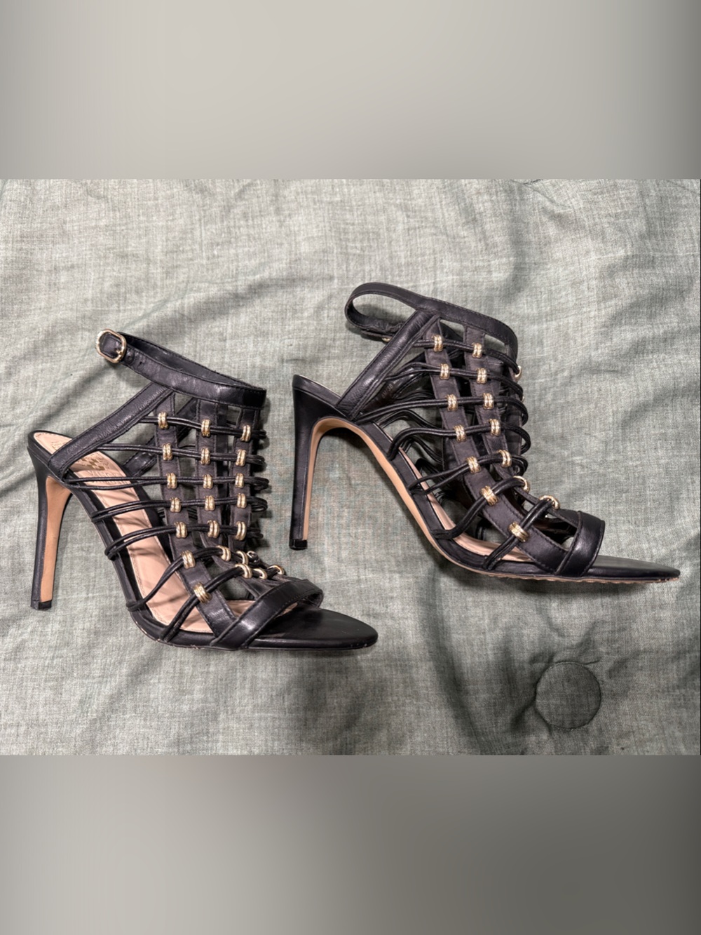 Vince Camuto Black Strappy Cage High Heels with Gold Accent